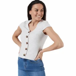 Nella S/S Button Top Beige