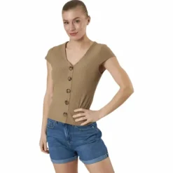 Nella S/S Button Top Jrs Beige